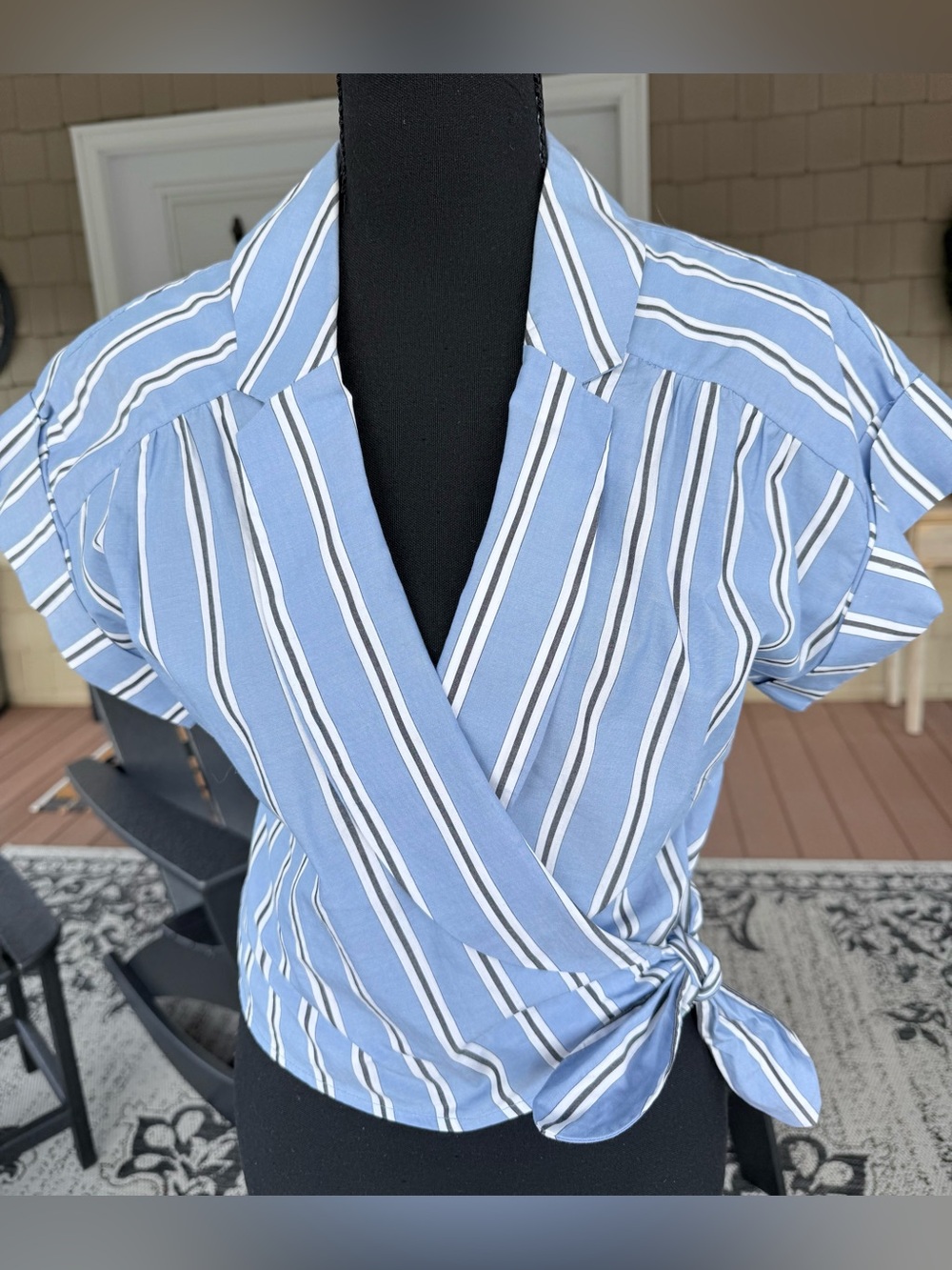 Veronica Beard Blue Striped Cotton Wrap Tie Top Size S